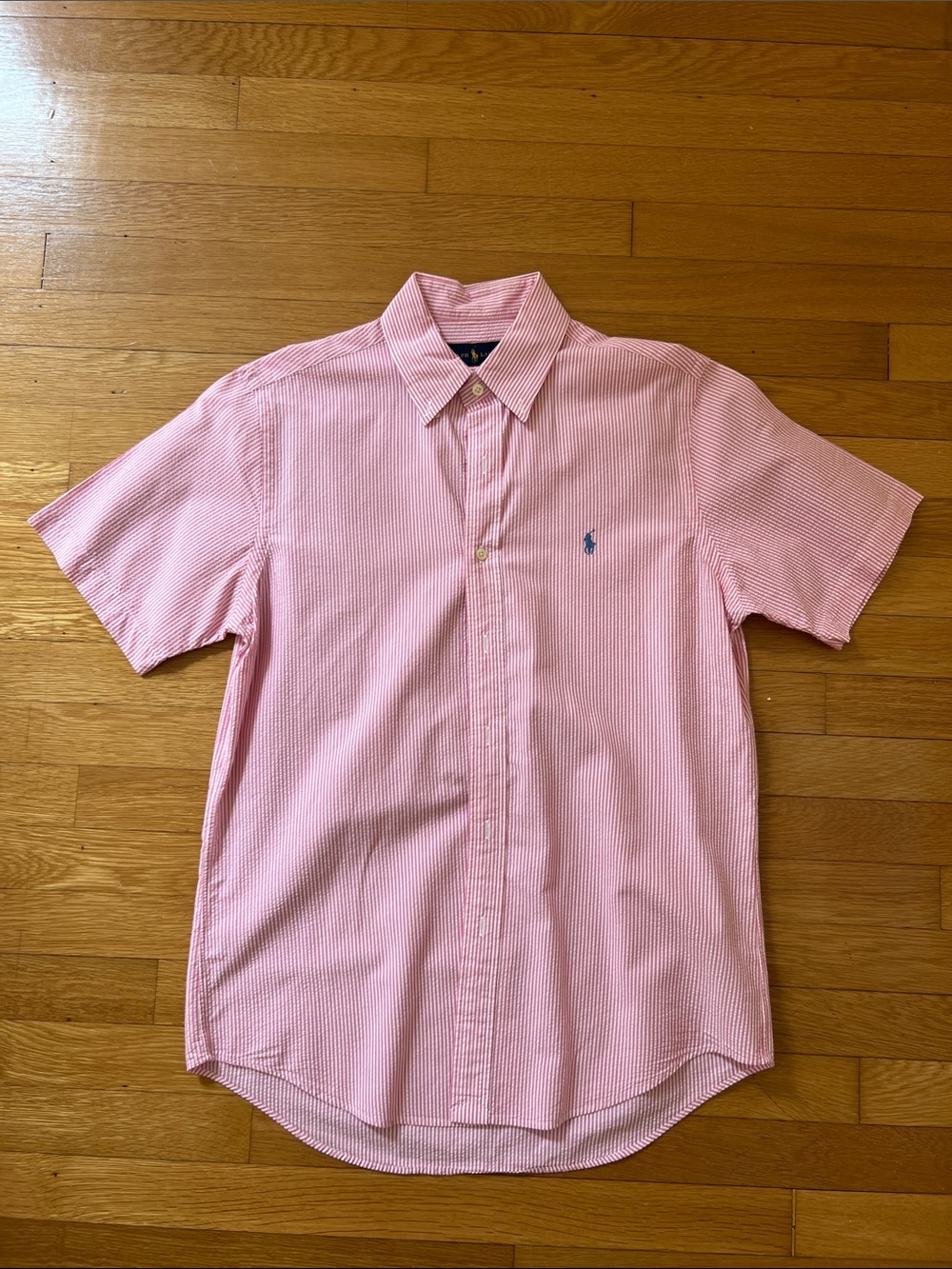 Ralph Lauren Pink & White Striped Seersucker Short-Sleeve Button-Down Shirt, M